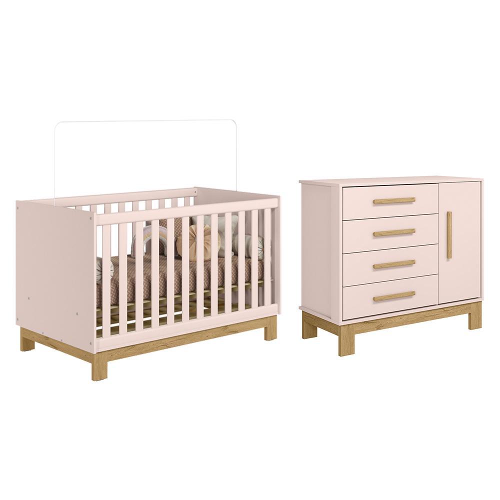 Jogo De Quarto Infantil Q Encanto Slim Cômoda E Berço Mini Cama Rosa Acetinado - Qmovi