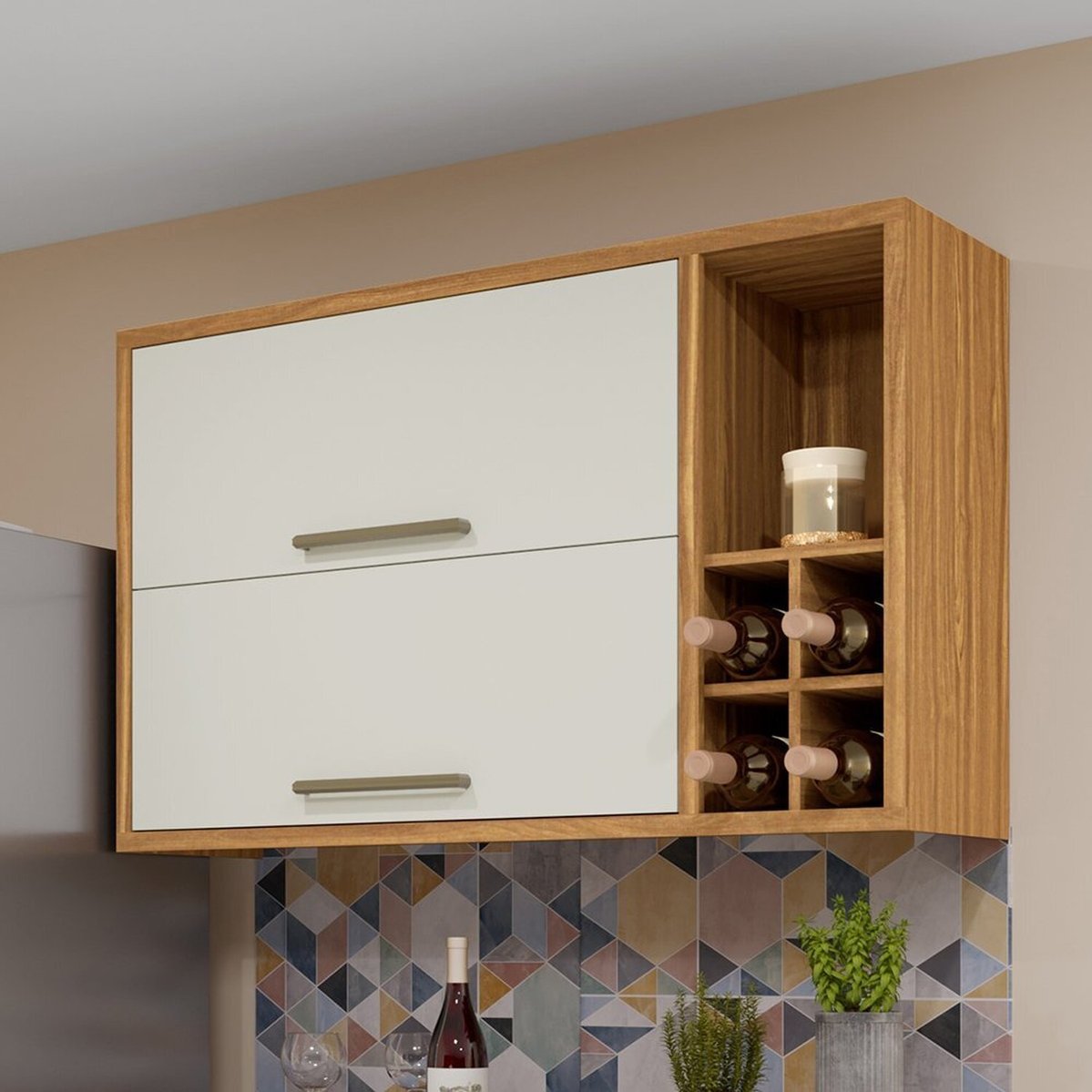 Armário Aéreo De Cozinha 120cm Com 2 Portas Basculantes 100% Mdf Vicenza Amêndoa/off White