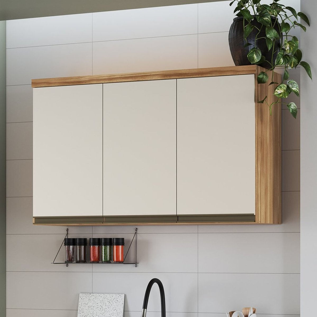 Armário Aéreo De Cozinha 120cm Com 3 Portas 100% Mdf Madri Espresso Móveis Amêndoa/off White