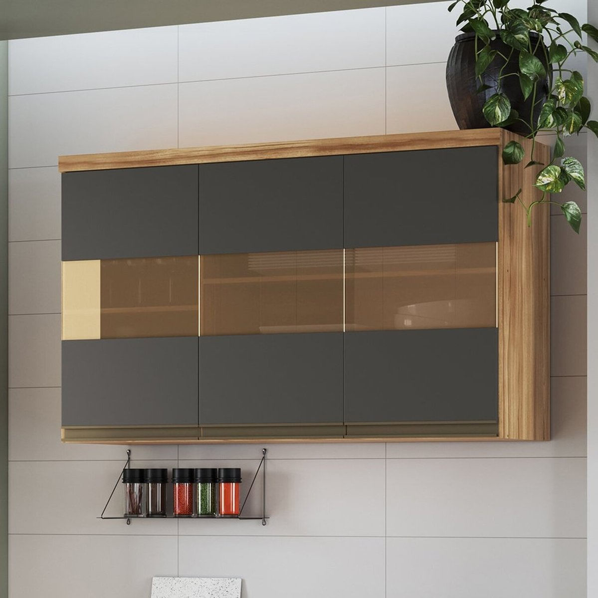 Armário Aéreo De Cozinha 120cm Com 3 Portas E Vidro Reflecta 100% Mdf Madri Espresso Móveis Amêndoa/cinza