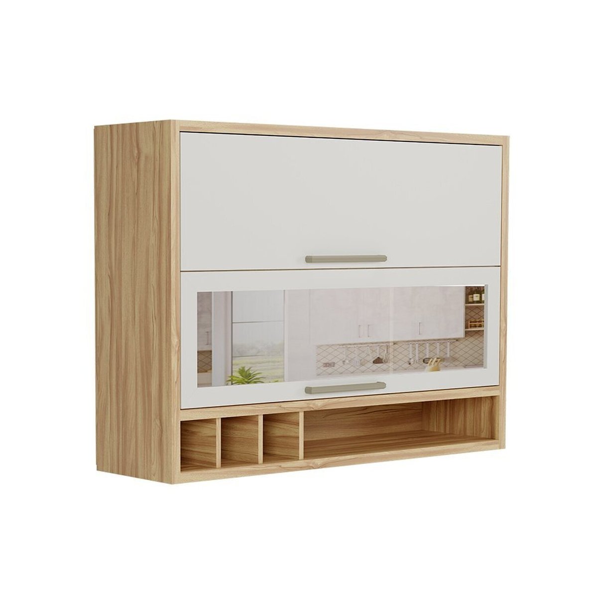 Armário Aéreo De Cozinha 120cm 2 Portas Basculantes E Vidro Reflecta 100% Mdf Vicenza Espresso Móveis Amêndoa/off White