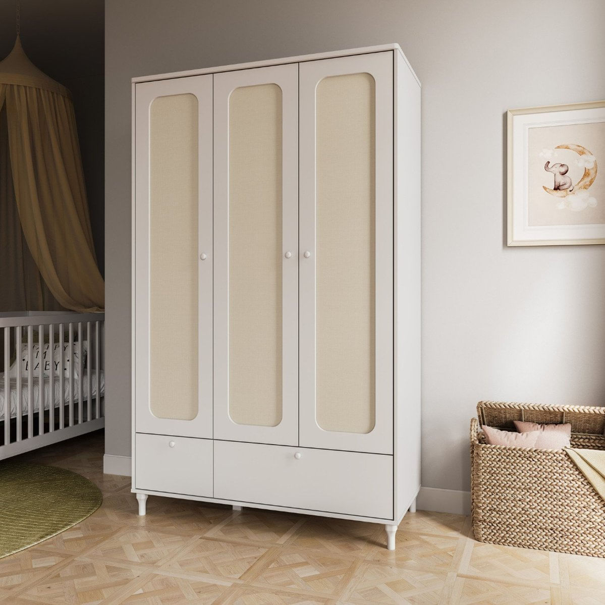 Guarda-roupa 3 Portas E 2 Gavetas Com Rattan Coleção Fofura Branco Acetinado Com Rattan