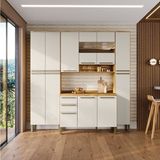 Cozinha Compacta Modulada 4 Peças 12 Portas E 2 Gavetas Com Vidro E Tampo Itália Espresso Móveis Amêndoa/off White