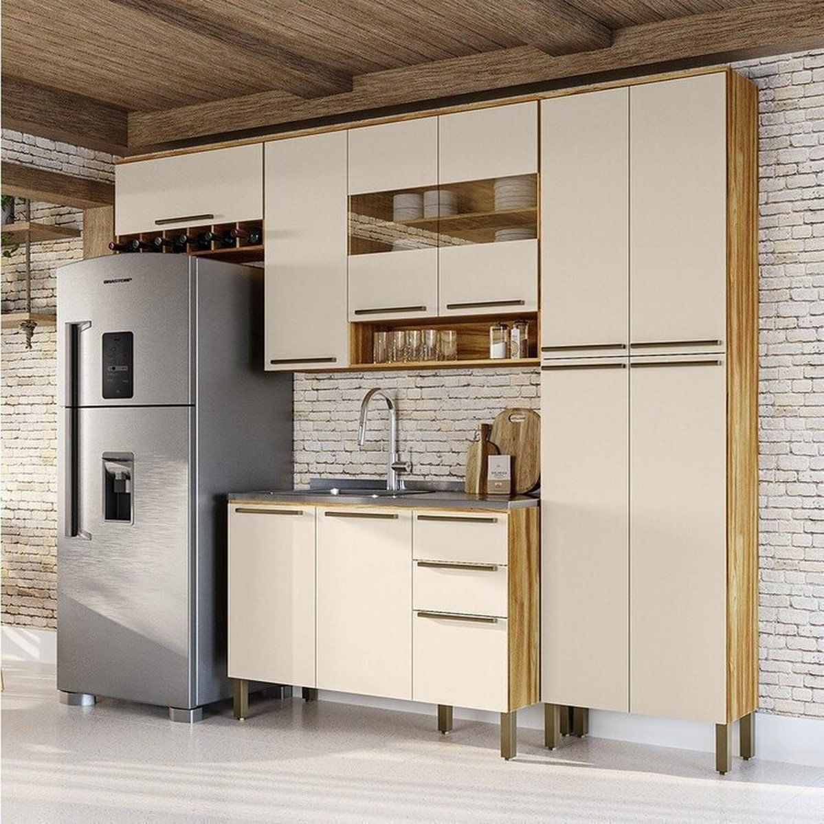 Cozinha Compacta Modulada 4 Peças 11 Portas E 2 Gavetas Com Vidro Sem Tampo Itália Espresso Móveis Amêndoa/off White