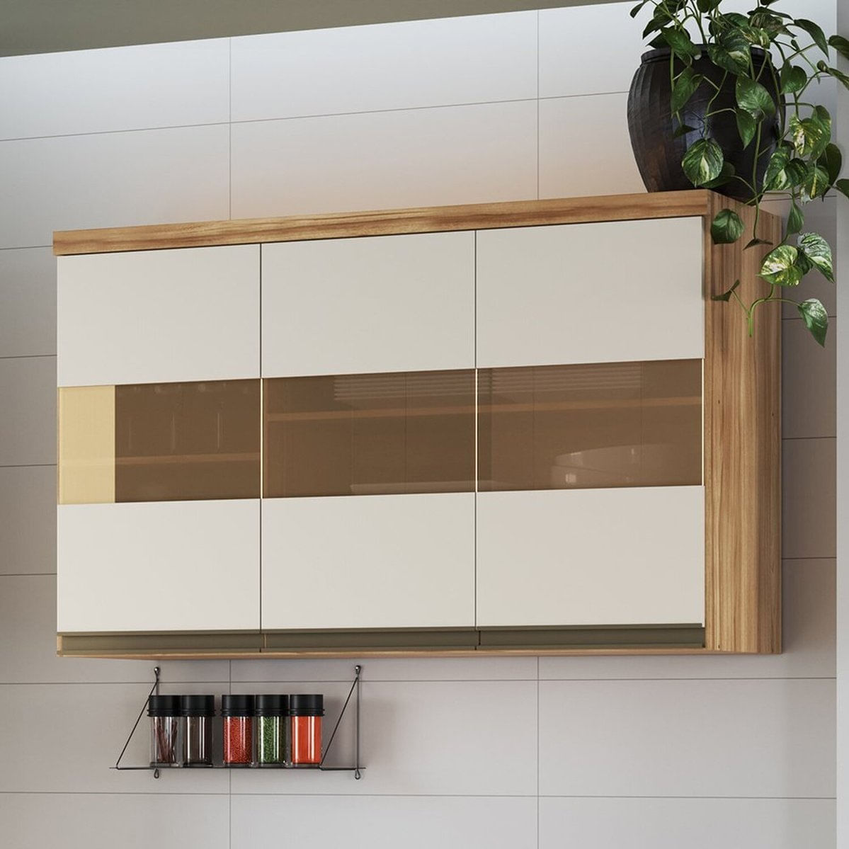 Armário Aéreo De Cozinha 120cm Com 3 Portas E Vidro Reflecta 100% Mdf Madri Espresso Móveis Amêndoa/off White