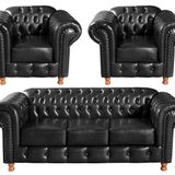 Conjunto De Sofá 3 Lugares E 2 Poltronas Chesterfield Luís Xv Preto