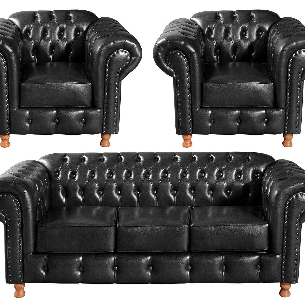 Conjunto De Sofá 3 Lugares E 2 Poltronas Chesterfield Luís Xv Preto