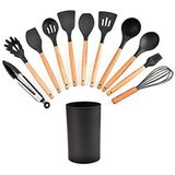 Kit Utensílios De Silicone Preto 12 Pç Cabos Madeira Suporte