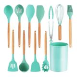 Kit Utensílios Cozinha Talher Silicone 12 Peças Cabo Madeira