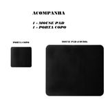 Mousepad Couro Preto Office 70x30 Cm + Suporte Copo