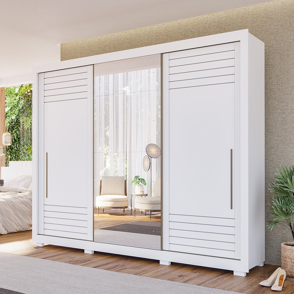 Guarda Roupa MDF Casal 3 Portas de Correr Espelho e 6 Gavetas Vitória Panan Móveis Branco