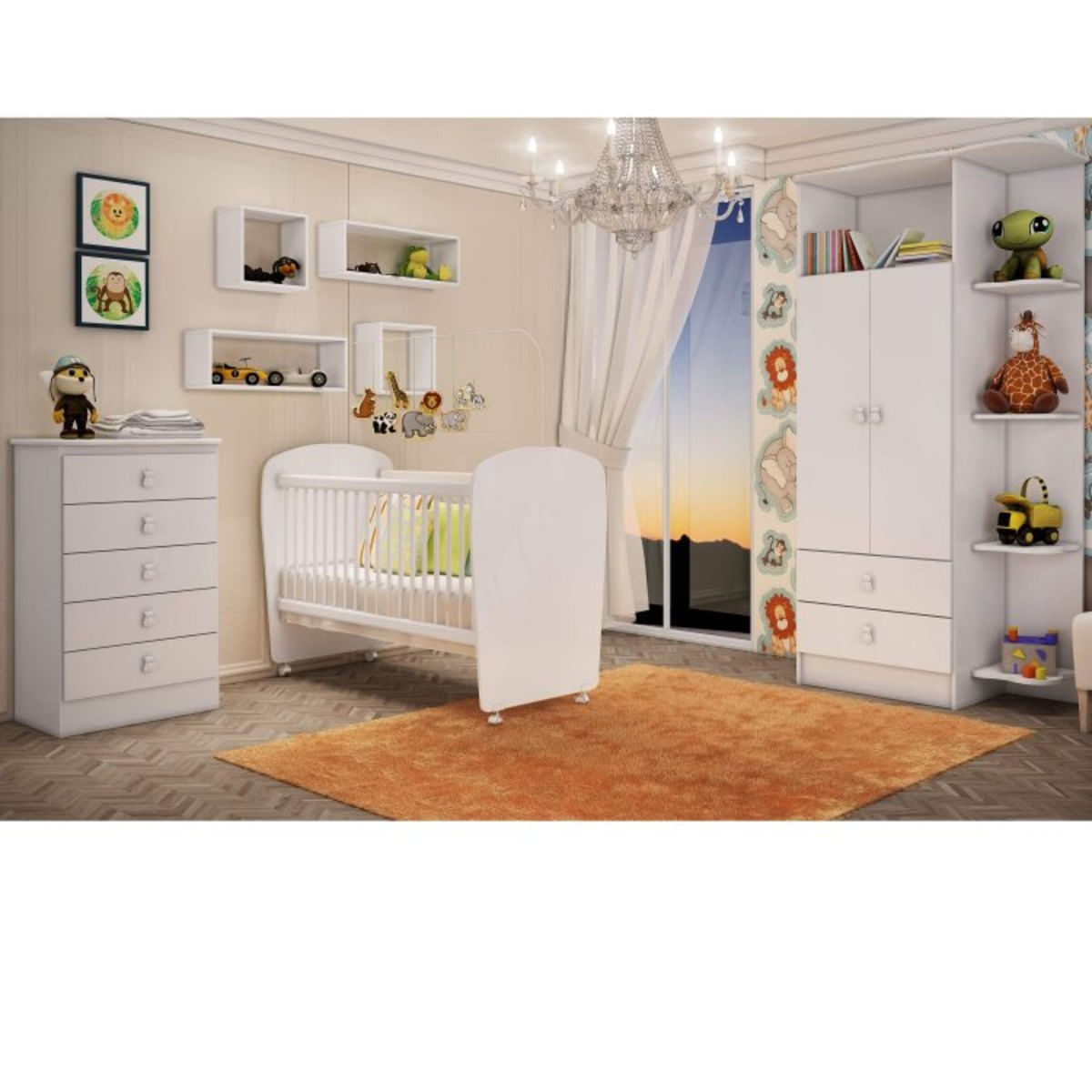 Quarto de Bebê Completo Leãozinho com Guarda Roupa 2 Portas, Cômoda e Berço Espresso Móveis Branco