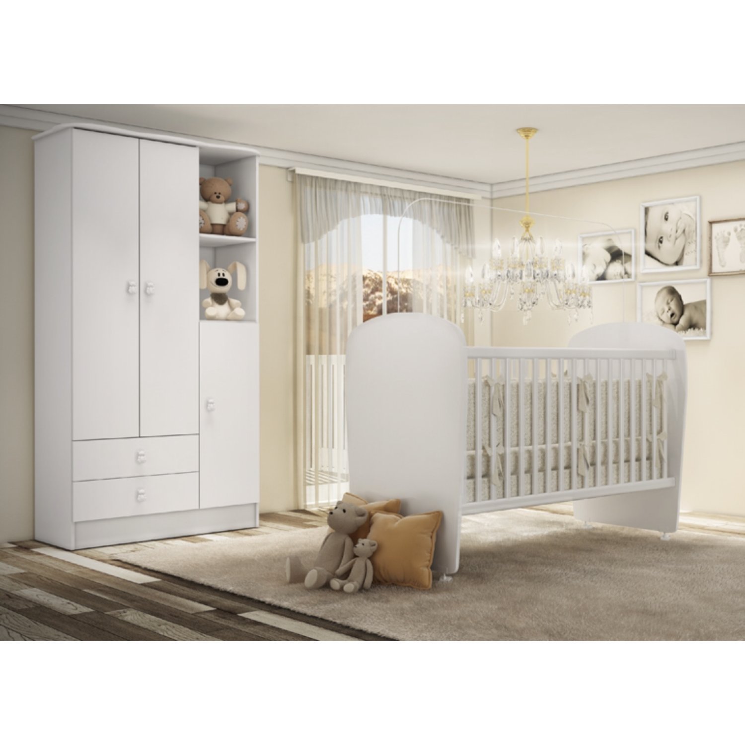 Quarto De Bebê Completo Guarda Roupa 3 Portas 2 Gavetas Com Berço Arco-íris Branco