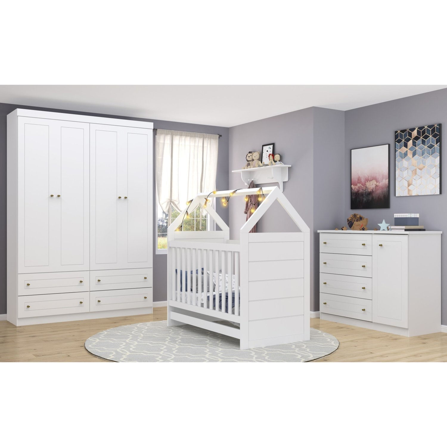 Quarto De Bebê Com Guarda Roupa 4 Portas 1 Cômoda E 1 Berço Mini Cama Estilo Americano Nova York Esp Branco Hp