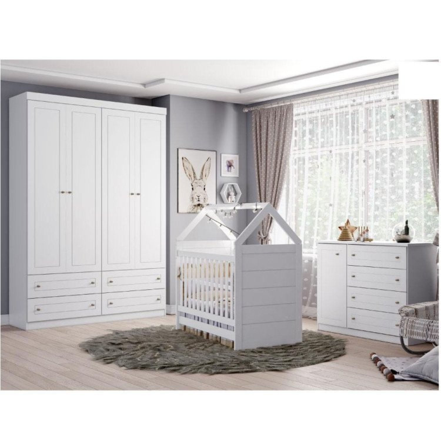 Quarto De Bebê Completo Americano Berço/cômoda/guarda Roupa Henn Branco