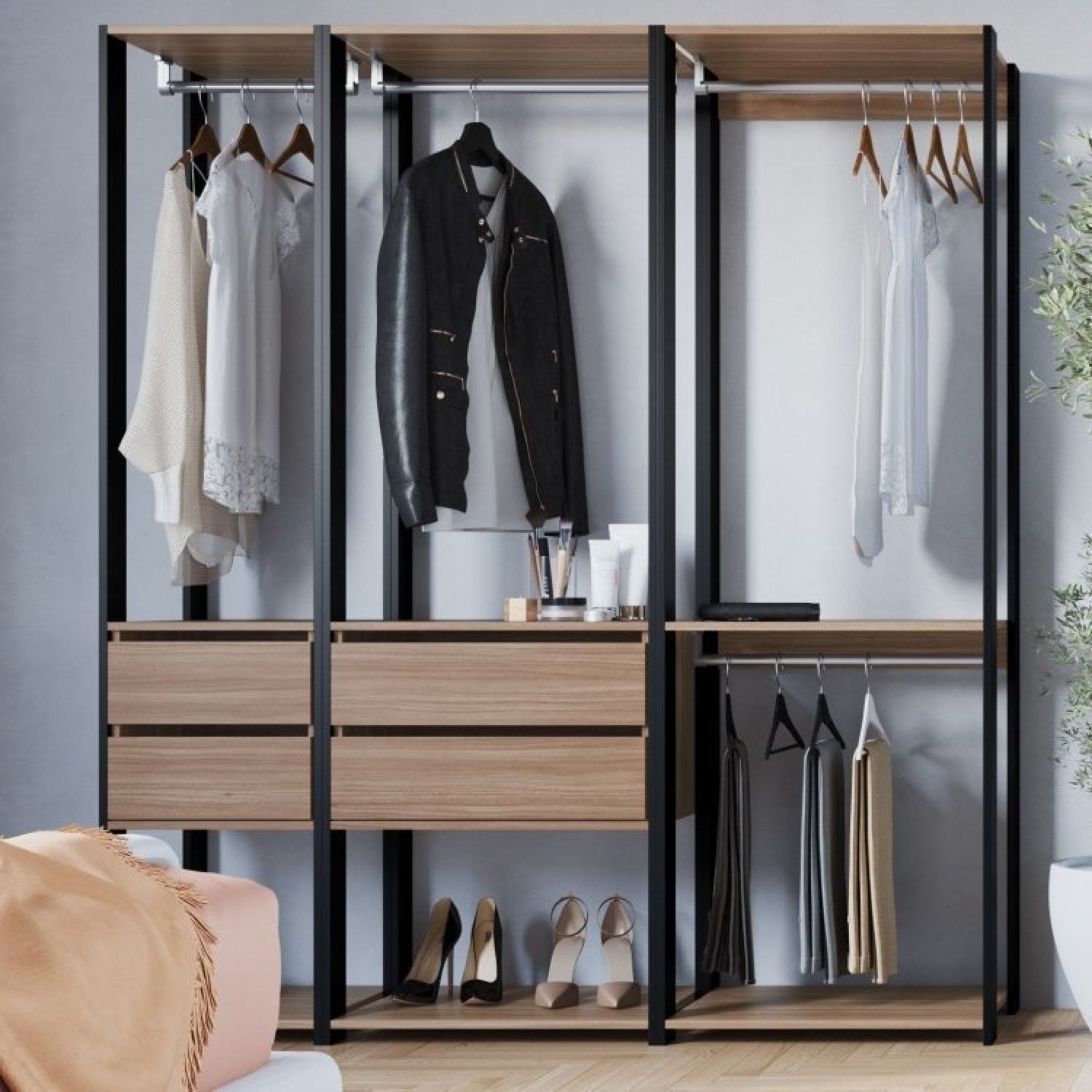 Guarda Roupa Closet 3 Peças Com 3 Cabideiros 4 Gavetas E 2 Nichos Easy Prodecor Preto/montana