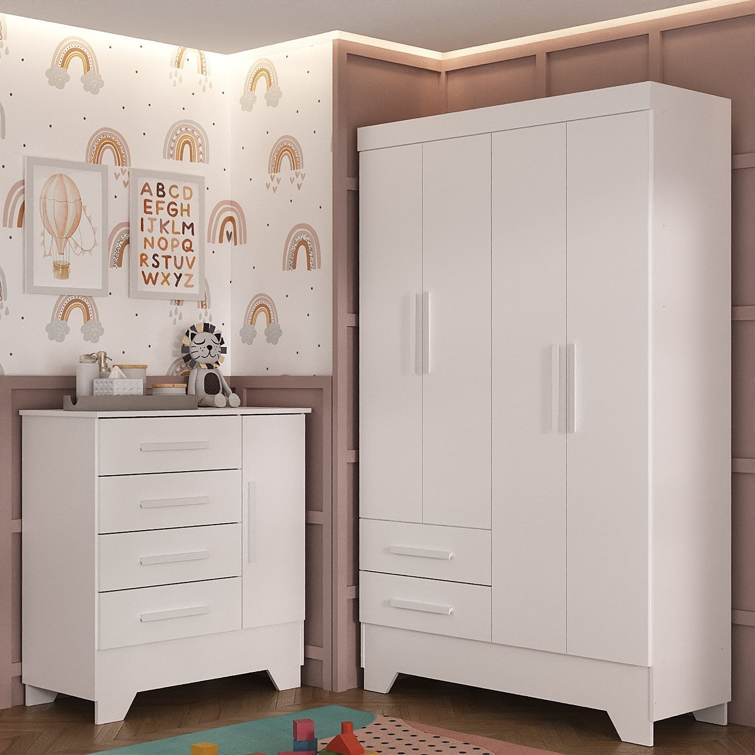 Quarto Infantil Completo Guarda Roupa 4 Portas 2 Gavetas Com Cômoda Liz Branco