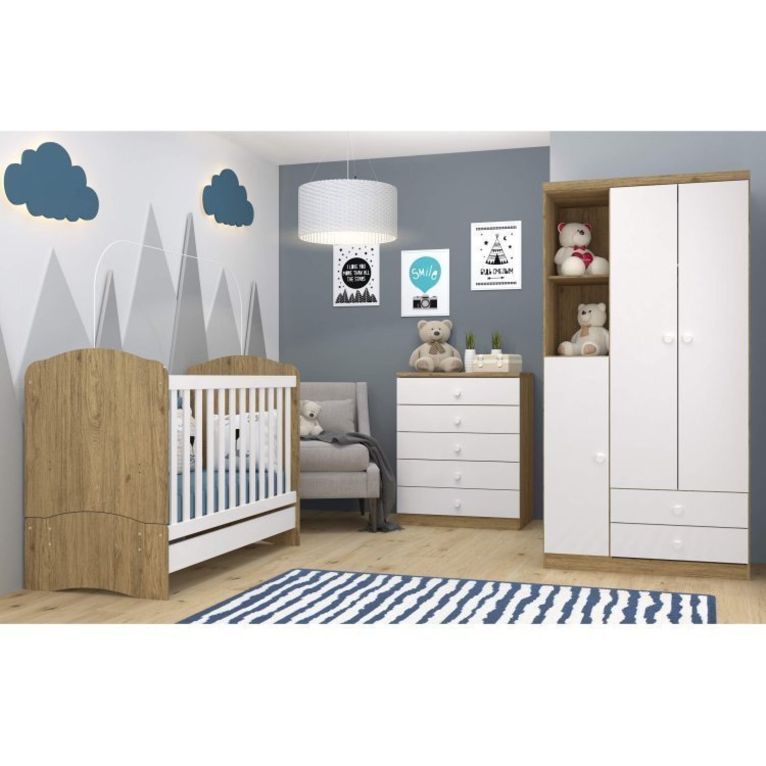 Quarto De Bebê Com Guarda-roupa 3 Portas Cômoda E Berço 3 Em 1 Com Colchão Espresso Móveis Branco/rústico