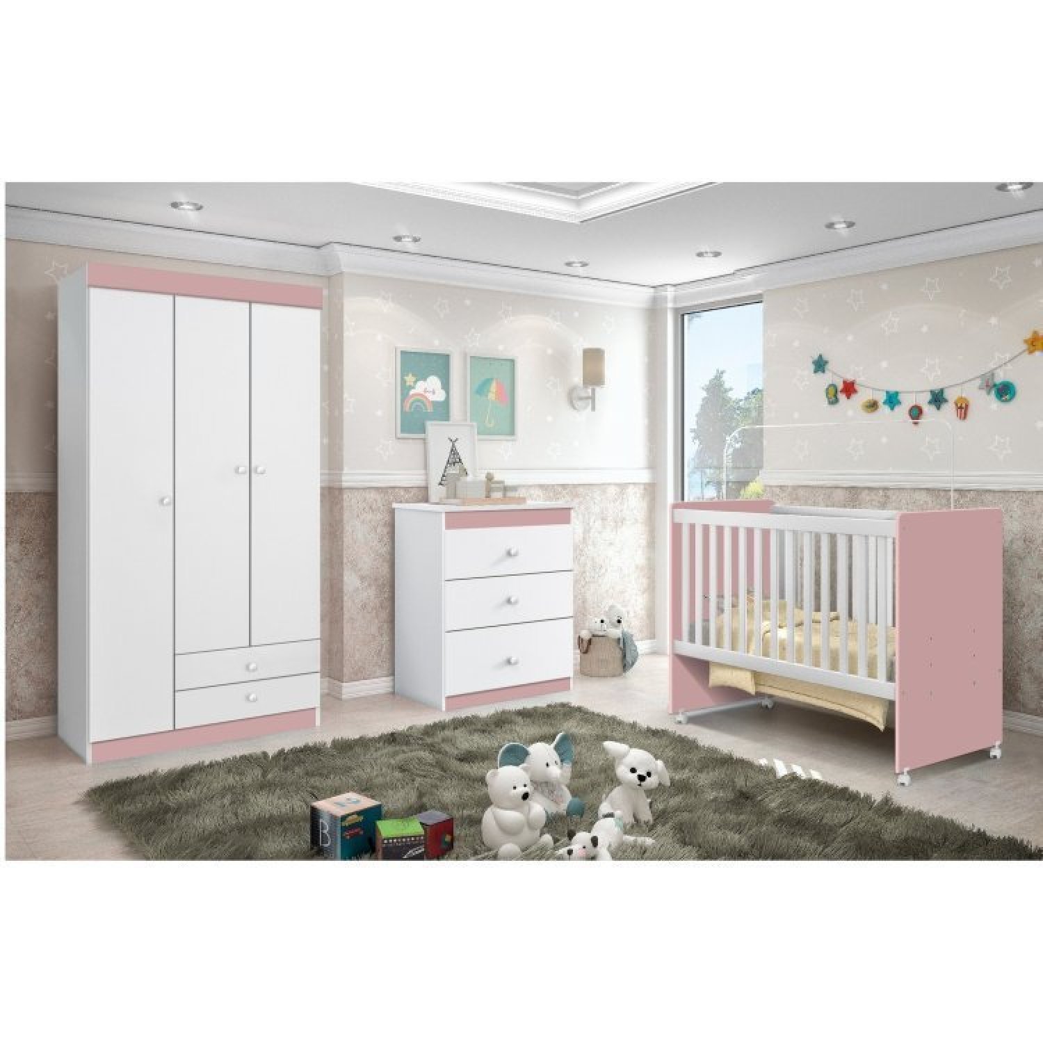 Quarto De Bebê Com Guarda-roupa 3 Portas Cômodas 3 Gavetas E Berço Mini Cama Catatau Rosa/branco