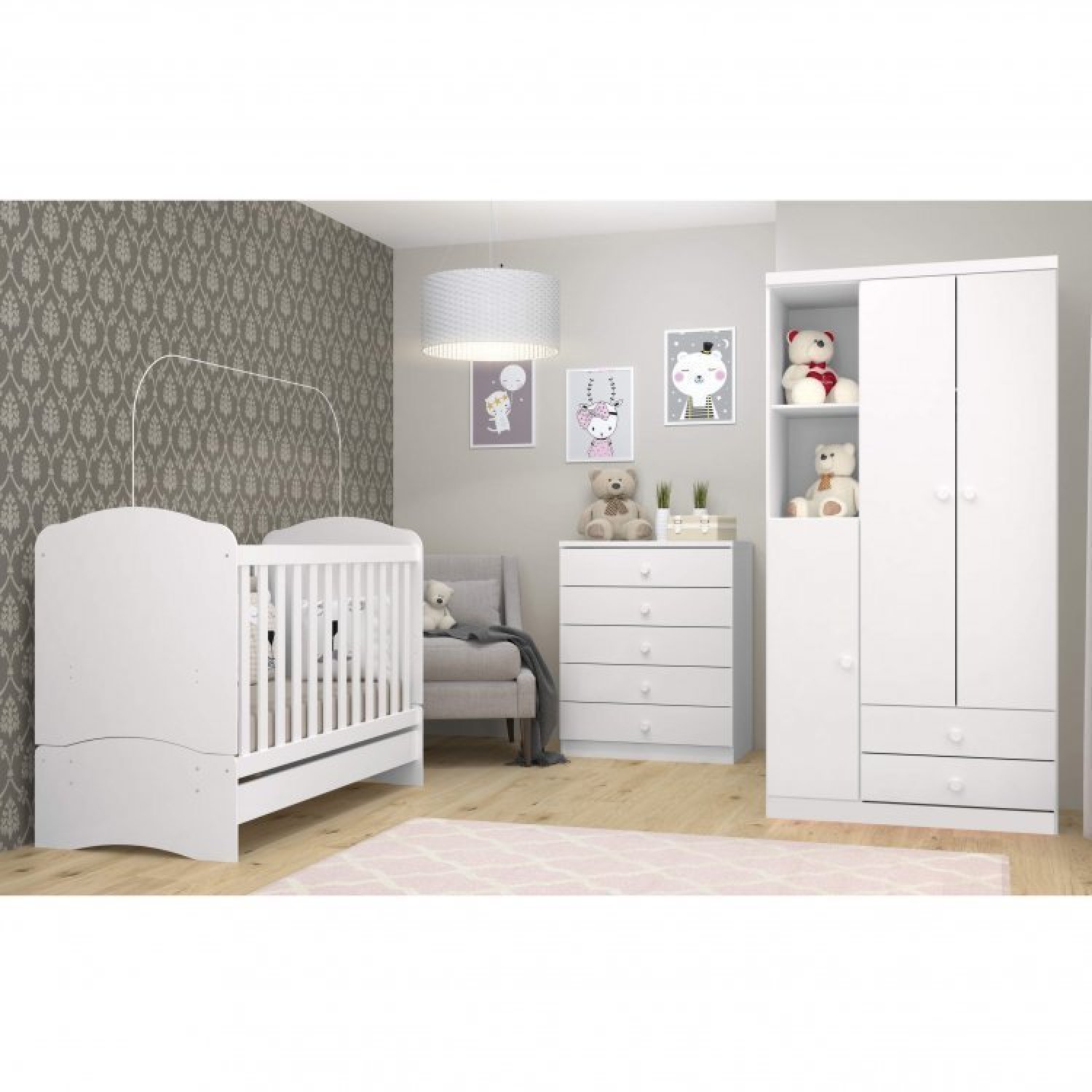 Quarto De Bebê Com Guarda-roupa 3 Portas Cômoda E Berço 3 Em 1 Com Colchão Espresso Móveis Branco