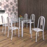 Conjunto De Mesa Tubular 6 Cadeiras 140cm Com Tampo De Vidro Iris  Botanic Cinza/pérola