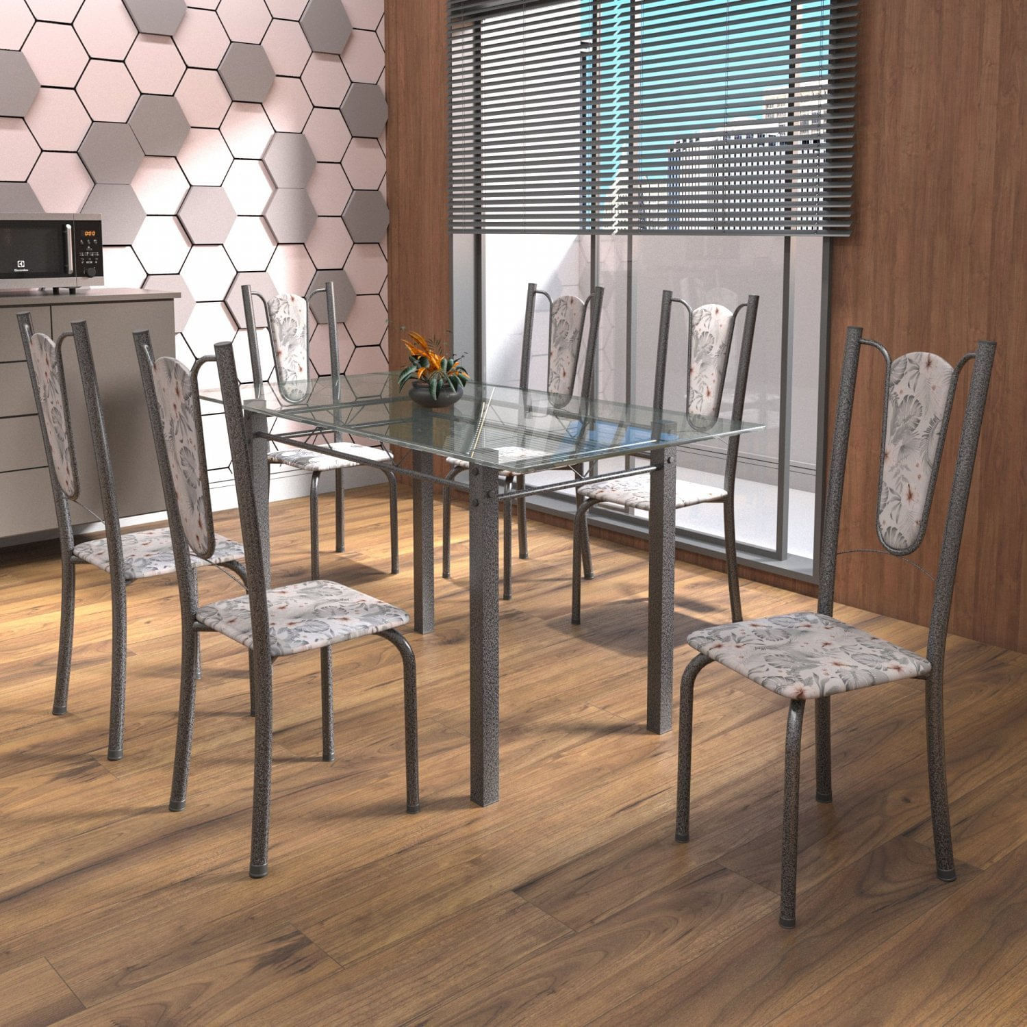 Conjunto De Mesa Tubular 6 Cadeiras 140cm Com Tampo De Vidro Melissa  Botanic Cinza/prata