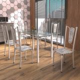 Conjunto De Mesa Tubular 6 Cadeiras 140cm Com Tampo De Vidro Melissa  Botanic Cinza/pérola