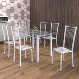 Conjunto De Mesa Tubular 6 Cadeiras 140cm Com Tampo De Vidro Iza  Botanic Cinza/pérola