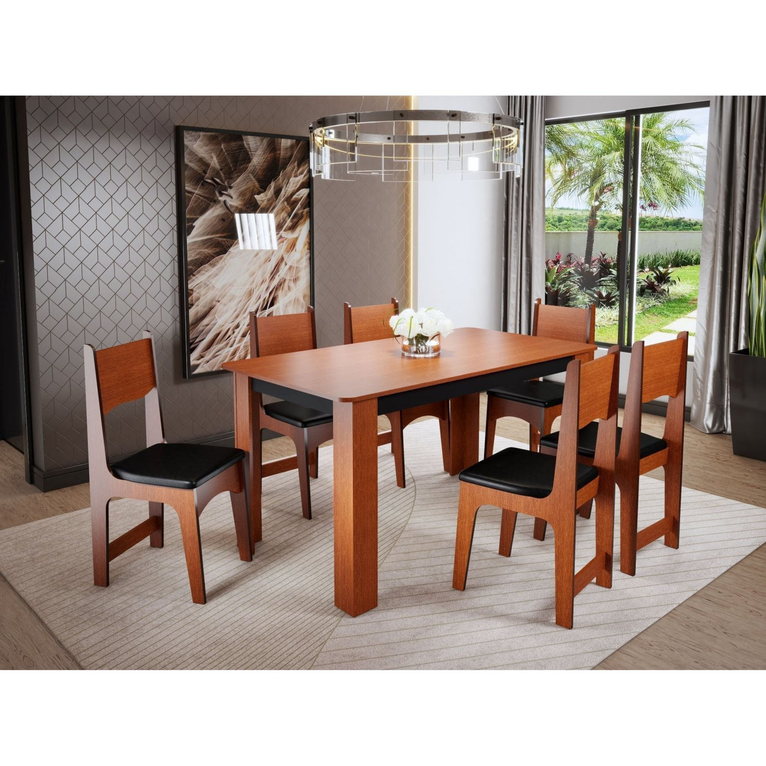 Conjunto Sala De Jantar Mesa Perola 150cm Tampo Mdf/mdp Com 6 Cadeiras Nicoli  Cherry/preto