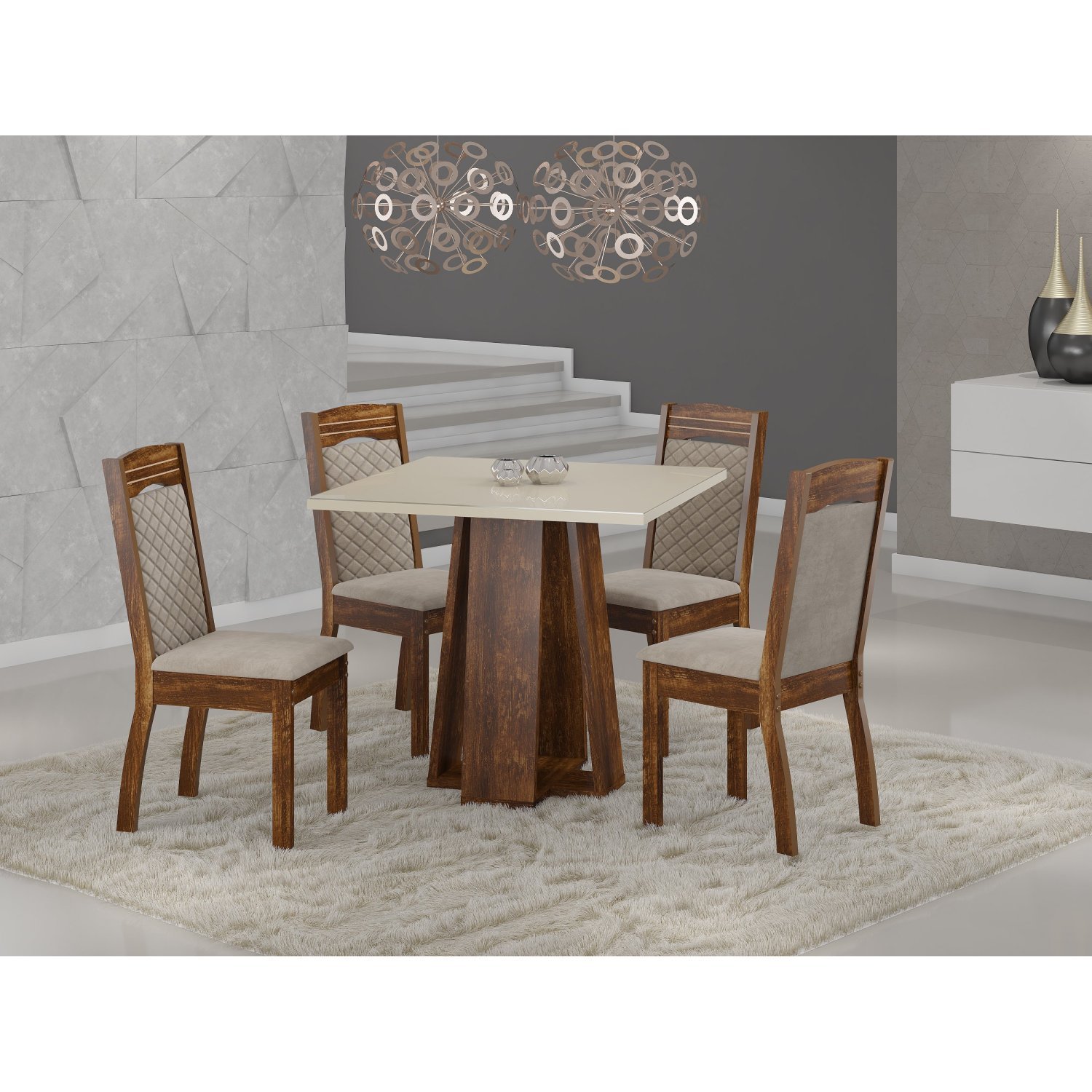 Conjunto Sala De Jantar Mesa Luci 90cm Tampo Vidro/mdp Com 4 Cadeiras Alice  Rústico/off White