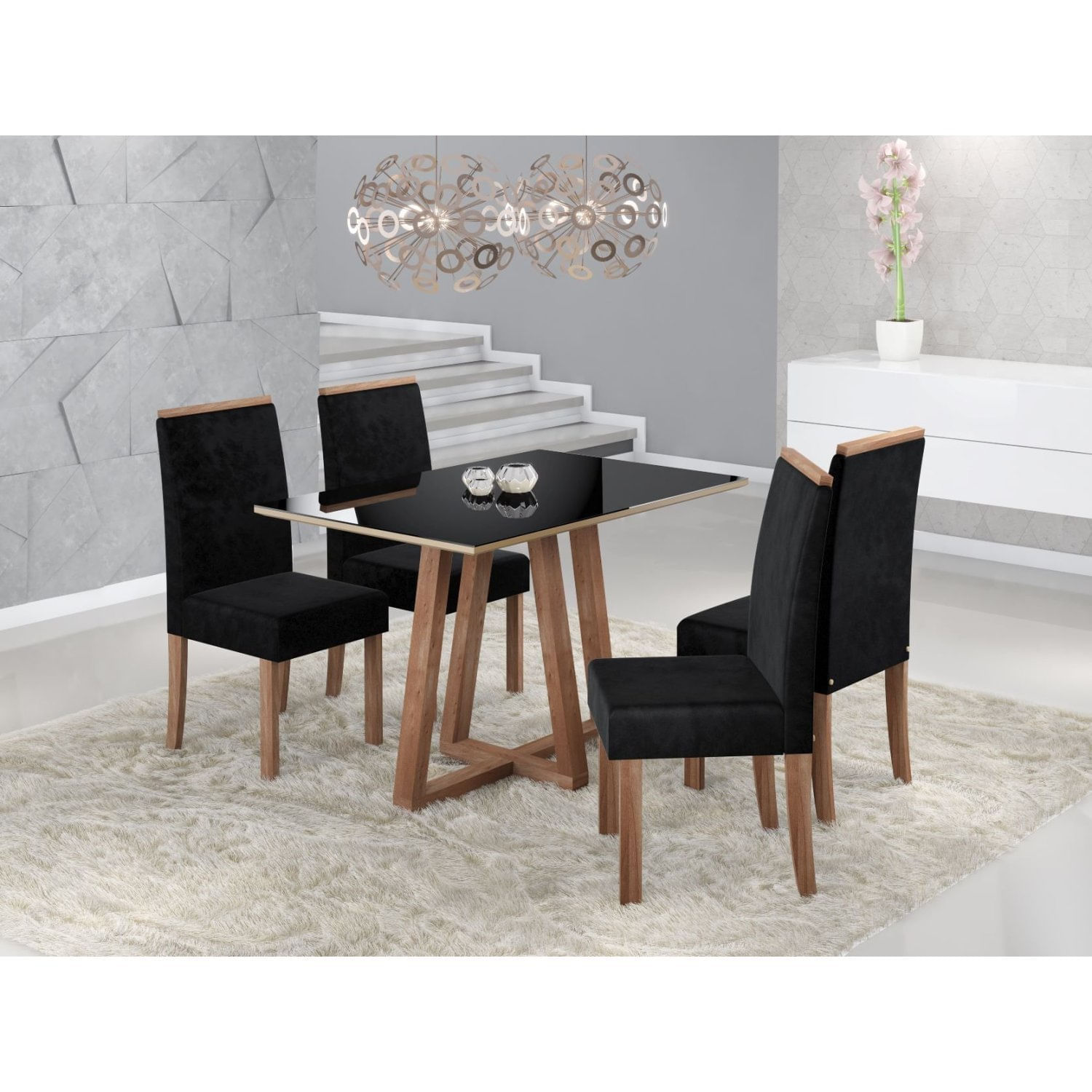 Conjunto Sala De Jantar Mesa Livia 120cm Tampo Vidro/mdf Com 4 Cadeiras Livia  Nogal/preto