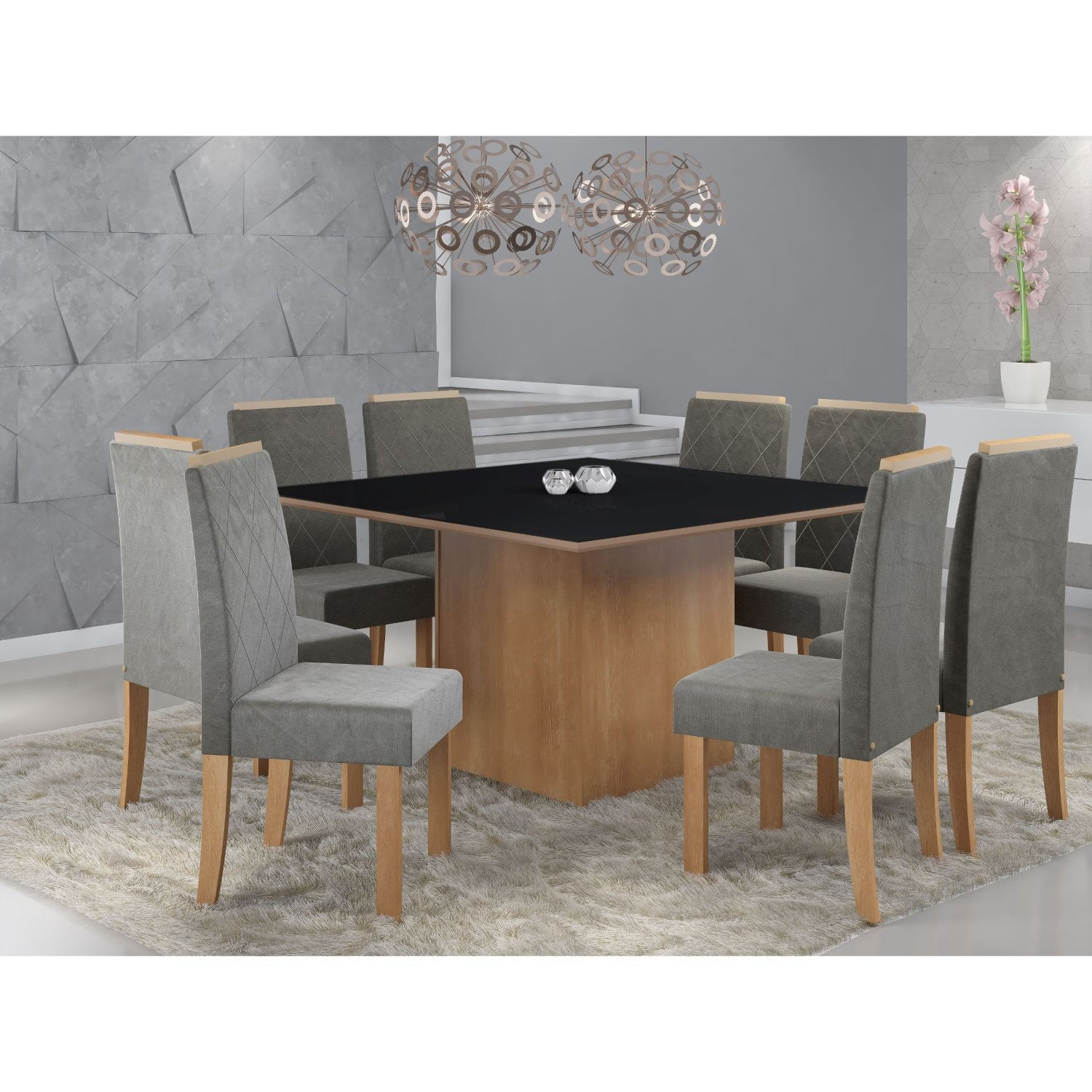 Conjunto Sala De Jantar Mesa Atena 136cm Tampo Vidro/mdf Com 8 Cadeiras Styllo  Mel/preto