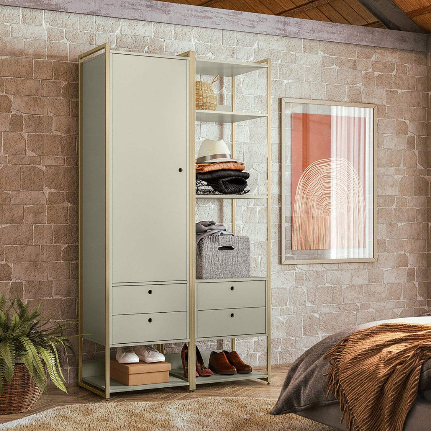 Guarda Roupa Closet Modulado Industrial 1 Porta 4 Gavetas Olivar Off White