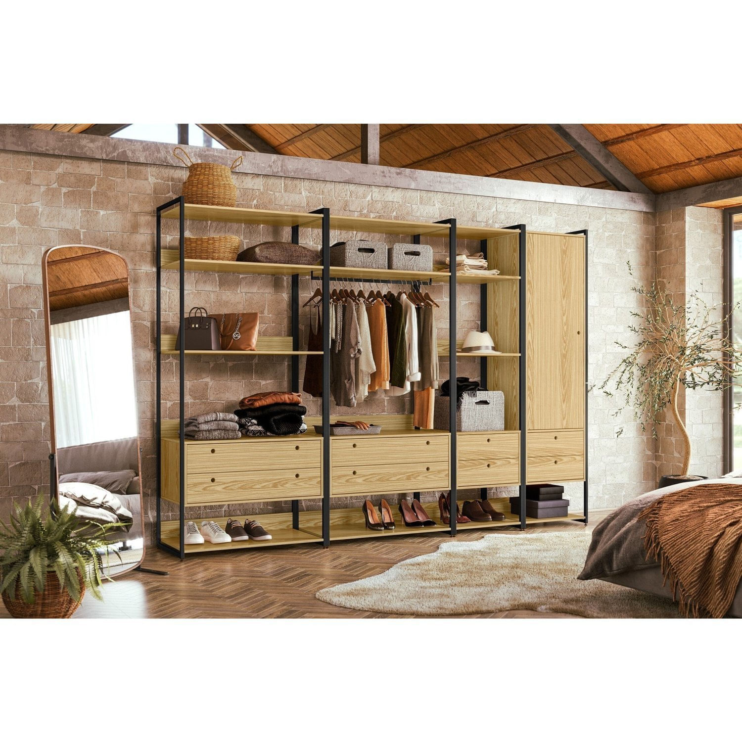 Guarda Roupa Closet Modulado Industrial 1 Porta 8 Gavetas Olivar Pinus