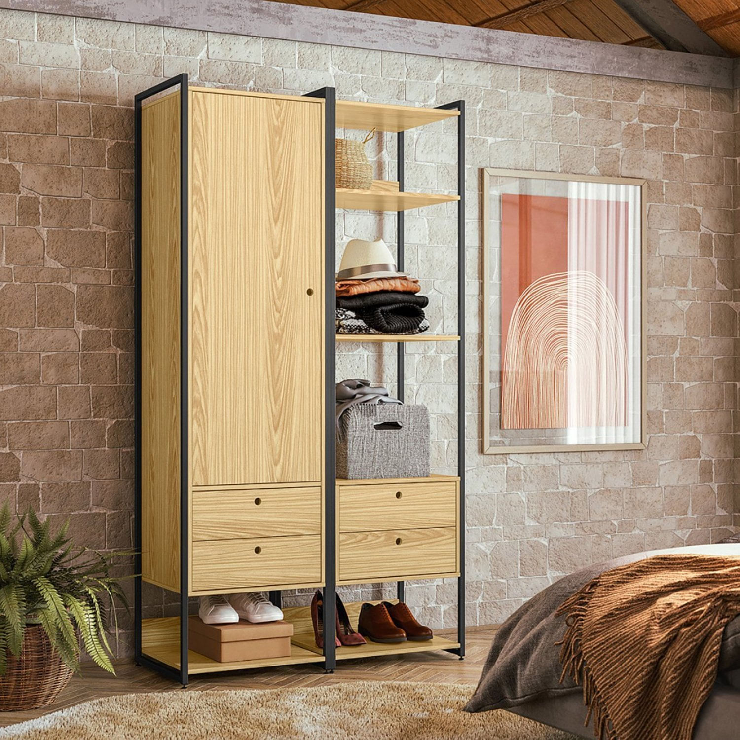 Guarda Roupa Closet Modulado Industrial 1 Porta 4 Gavetas Olivar Pinus