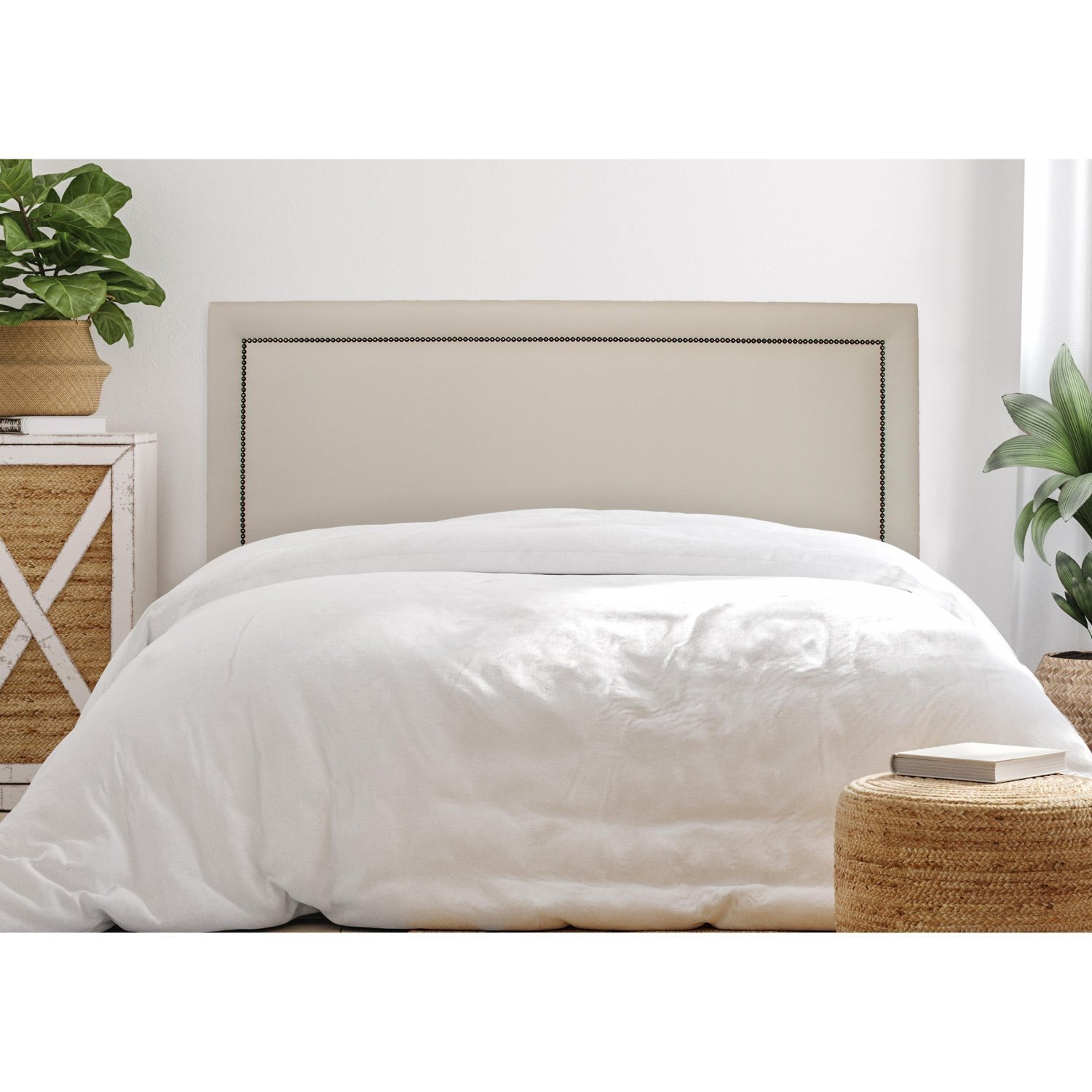 Cabeceira King Estofada Para Cama Box Com Tachas 193x60cm Reta Luxo Off White/fumê