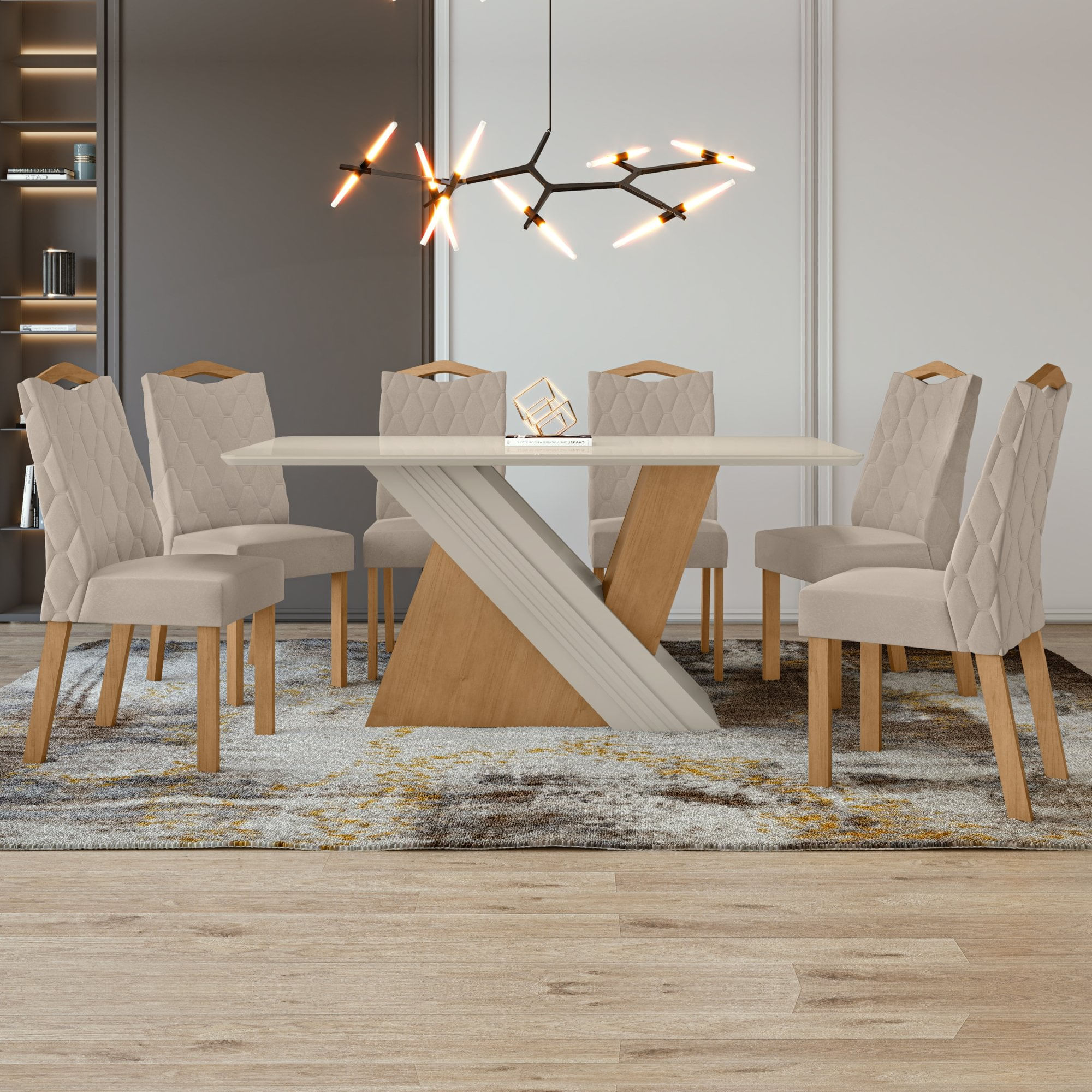 Conjunto Sala De Jantar Mesa 170x90cm Tampo Mdf/vidro Com 6 Cadeiras Vênus Móveis Lopas Amêndoa Clean/off White/naturale Creme