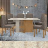 Conjunto Sala de Jantar Mesa 160x80cm Tampo MDF/Vidro com 6 Cadeiras Apogeu Móveis Lopas Amêndoa Clean/Off White/Naturale Creme