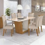 Conjunto Sala de Jantar Mesa Tampo de Vidro/MDF 6 Cadeiras Apogeu Móveis Lopas Amêndoa Clean/Off White/Linho Rinzai Bege