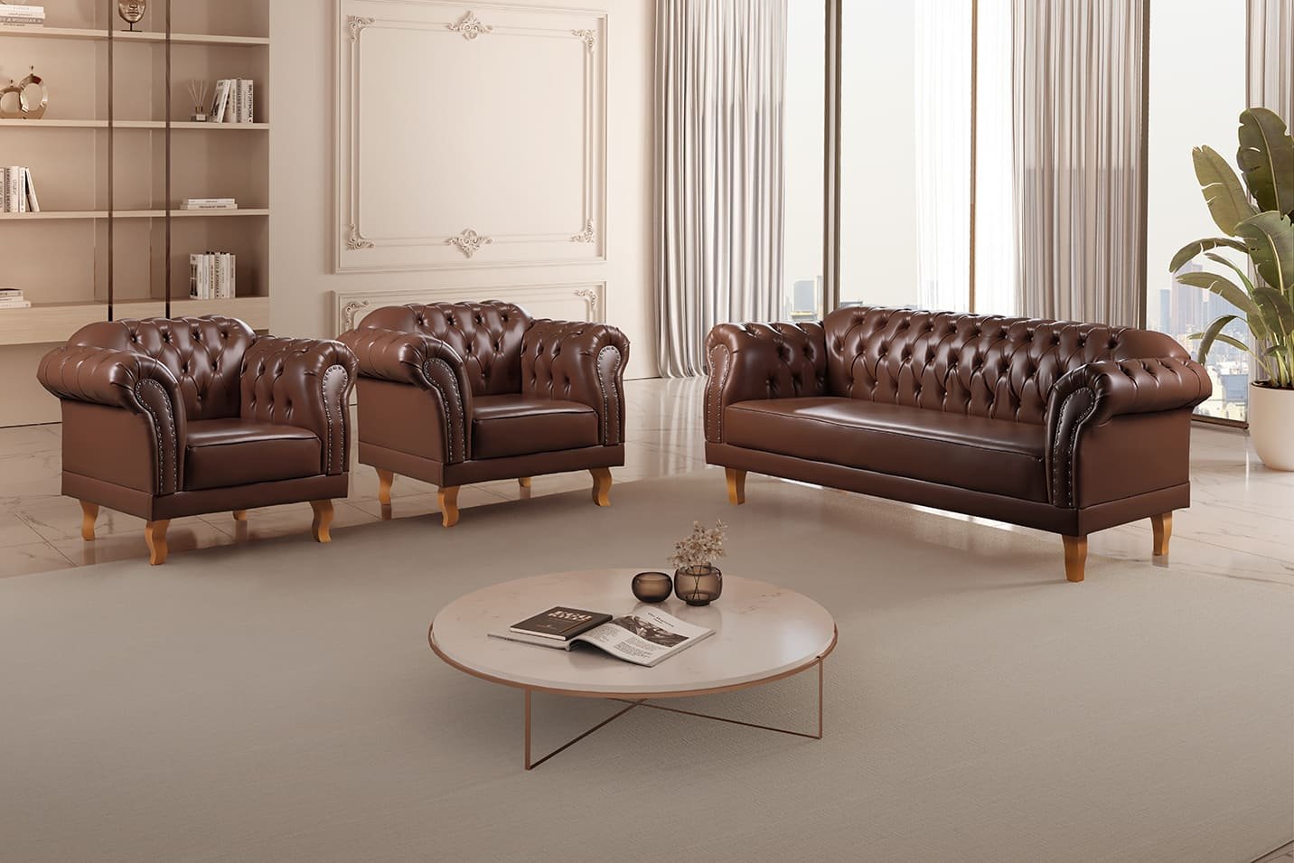 Conjunto 1 Sofá E 2 Poltronas Chesterfield Duque Marrom