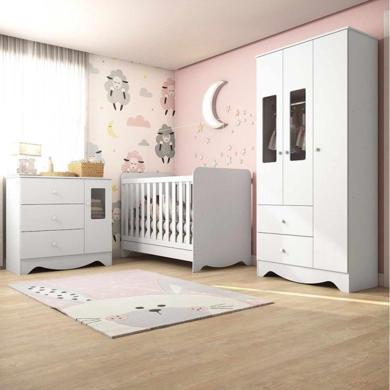 Quarto De Bebê Completo Com Guarda Roupa E Cômoda Com Janelas E Berço Americano Ben