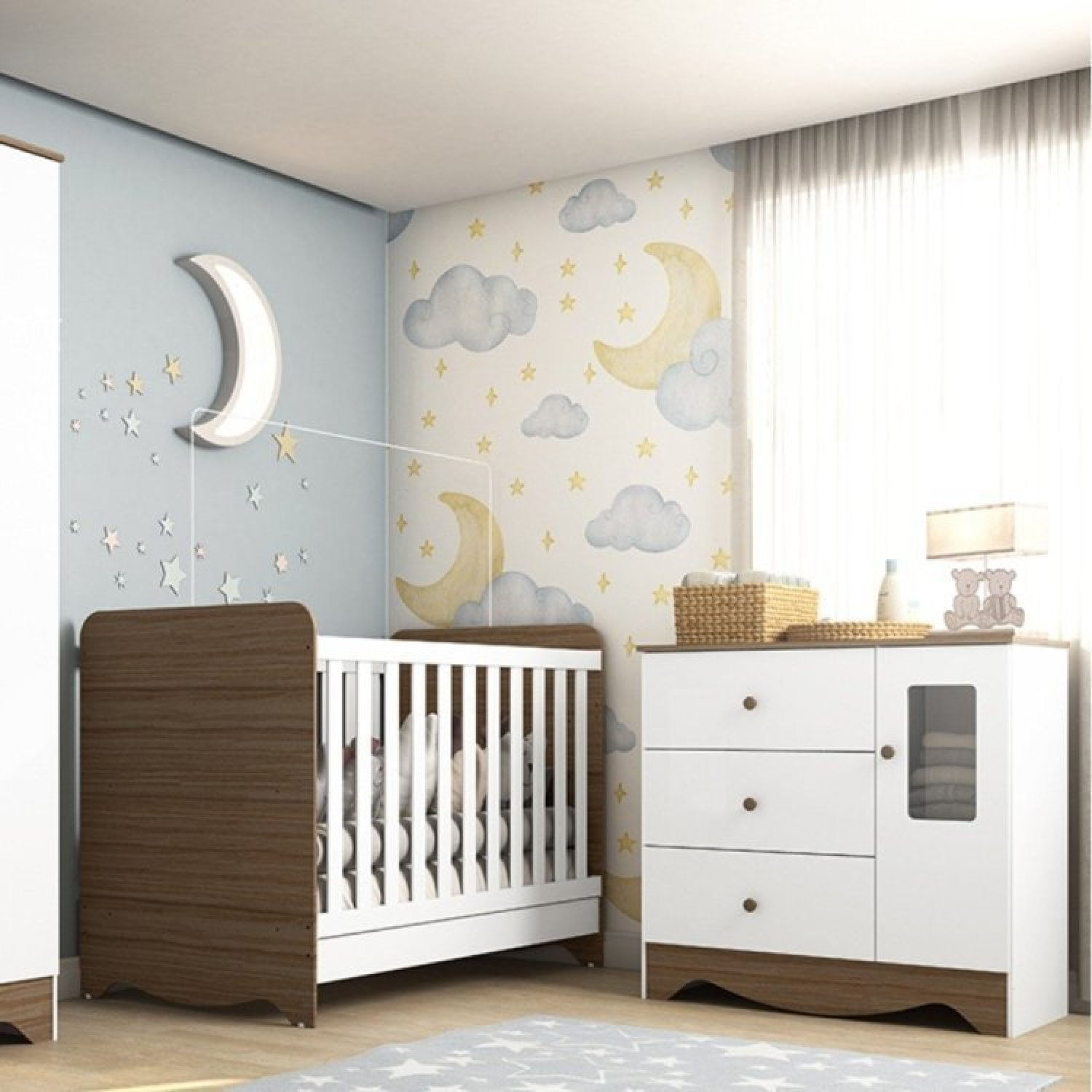 Quarto De Bebê Com Berço Americano 3 Em 1 E Cômoda 1 Porta Com Janela Ben