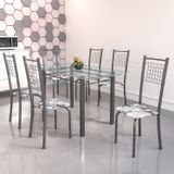 Conjunto De Mesa Tubular 6 Cadeiras 140cm Com Tampo De Vidro Iza  Paraopeba/prata