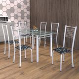 Conjunto De Mesa Tubular 6 Cadeiras 140cm Com Tampo De Vidro Iza  Preto Floral/pérola