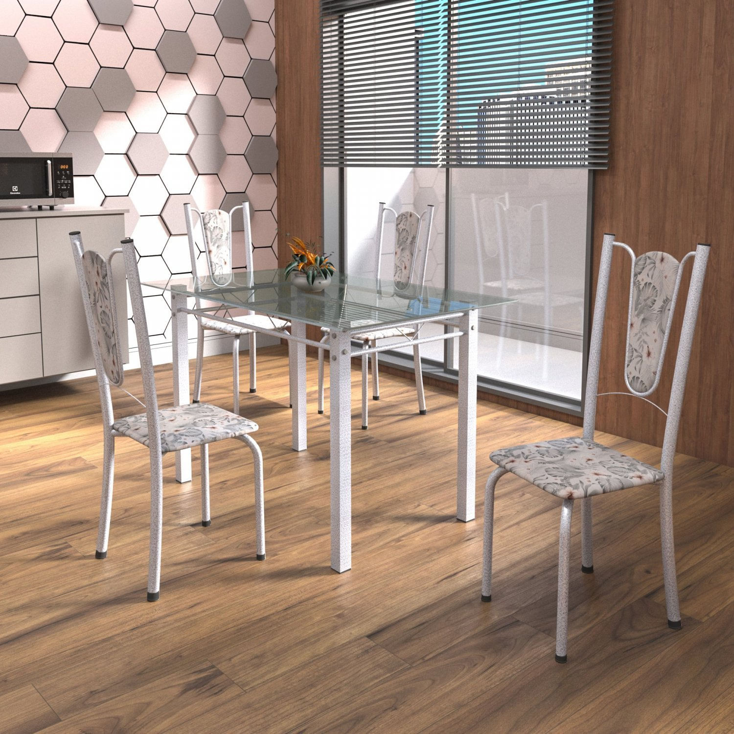 Conjunto De Mesa Tubular 4 Cadeiras 120cm Com Tampo De Vidro Melissa  Botanic Cinza/pérola