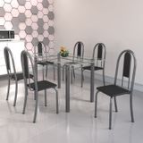 Conjunto De Mesa Tubular 6 Cadeiras 140cm Com Tampo De Vidro Iris  Preto/prata