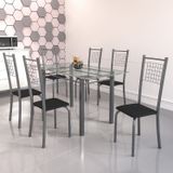 Conjunto De Mesa Tubular 6 Cadeiras 140cm Com Tampo De Vidro Iza  Preto/prata