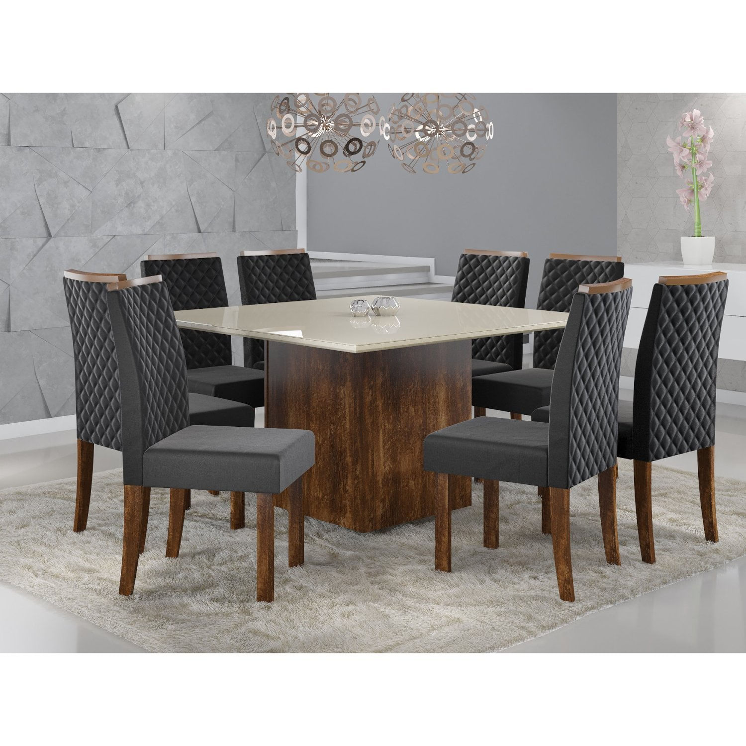 Conjunto Sala De Jantar Mesa Atena 136cm Tampo Vidro/mdf Com 8 Cadeiras Elegance  Rústico/off White