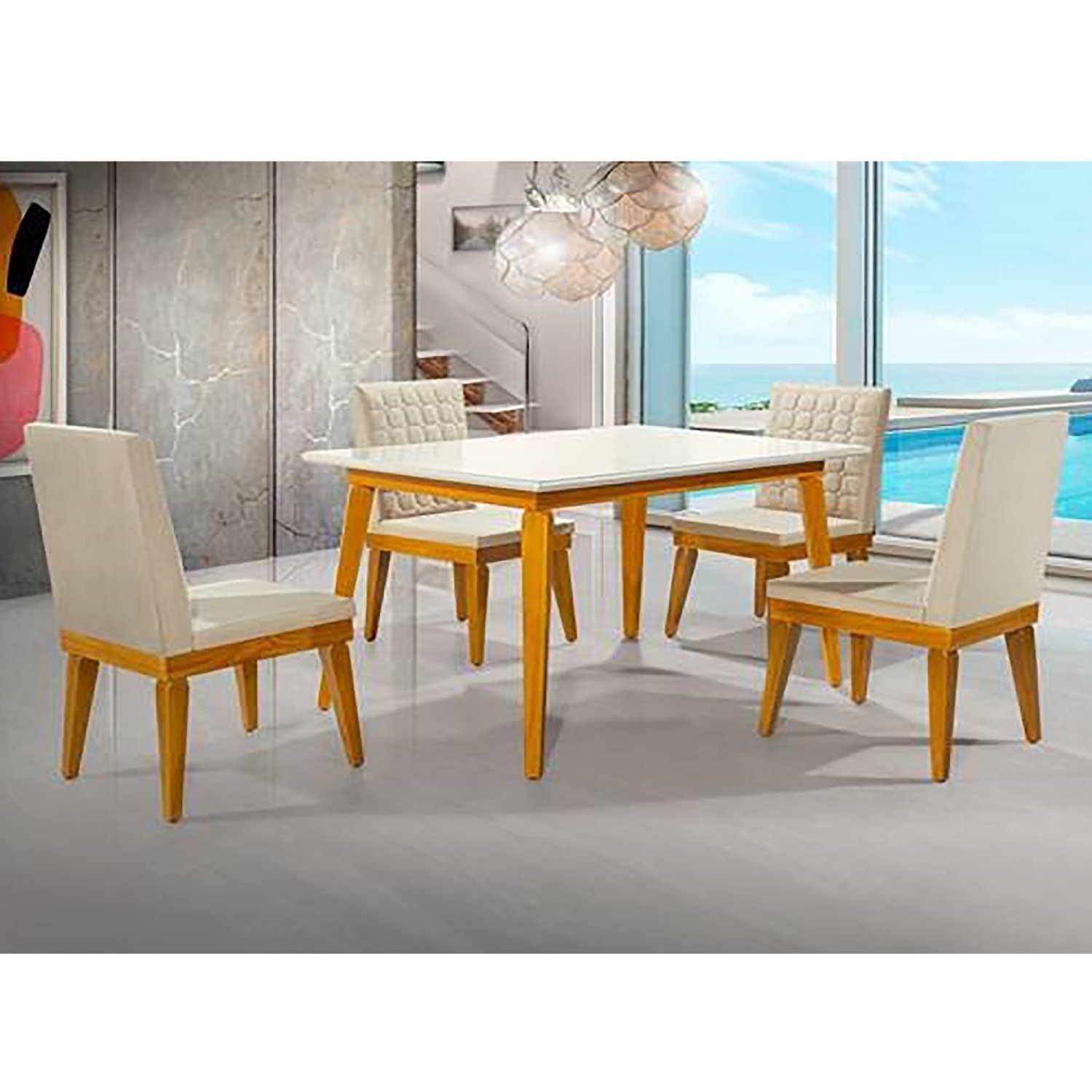 Conjunto Sala De Jantar Madeira Maciça E 4 Cadeiras Estofadas Reality  Mel/off White