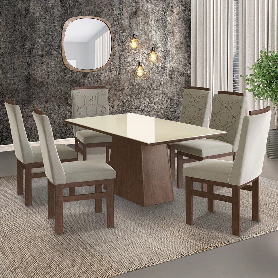 Conjunto Mesa 160x82cm E 6 Cadeiras Madeira Maciça  Marrom/joli Creme